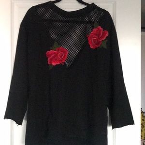 Black 3/4 length sleeve mesh and rose detailed top
